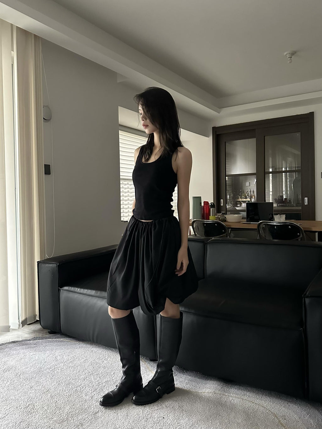 ANTIMOON Black Greek Drape Pleated Flared Women's Polyester Maxi Skirts