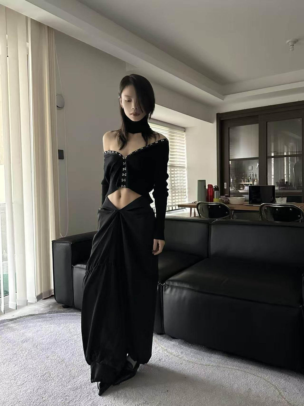 ANTIMOON Black Greek Drape Pleated Flared Women's Polyester Maxi Skirts