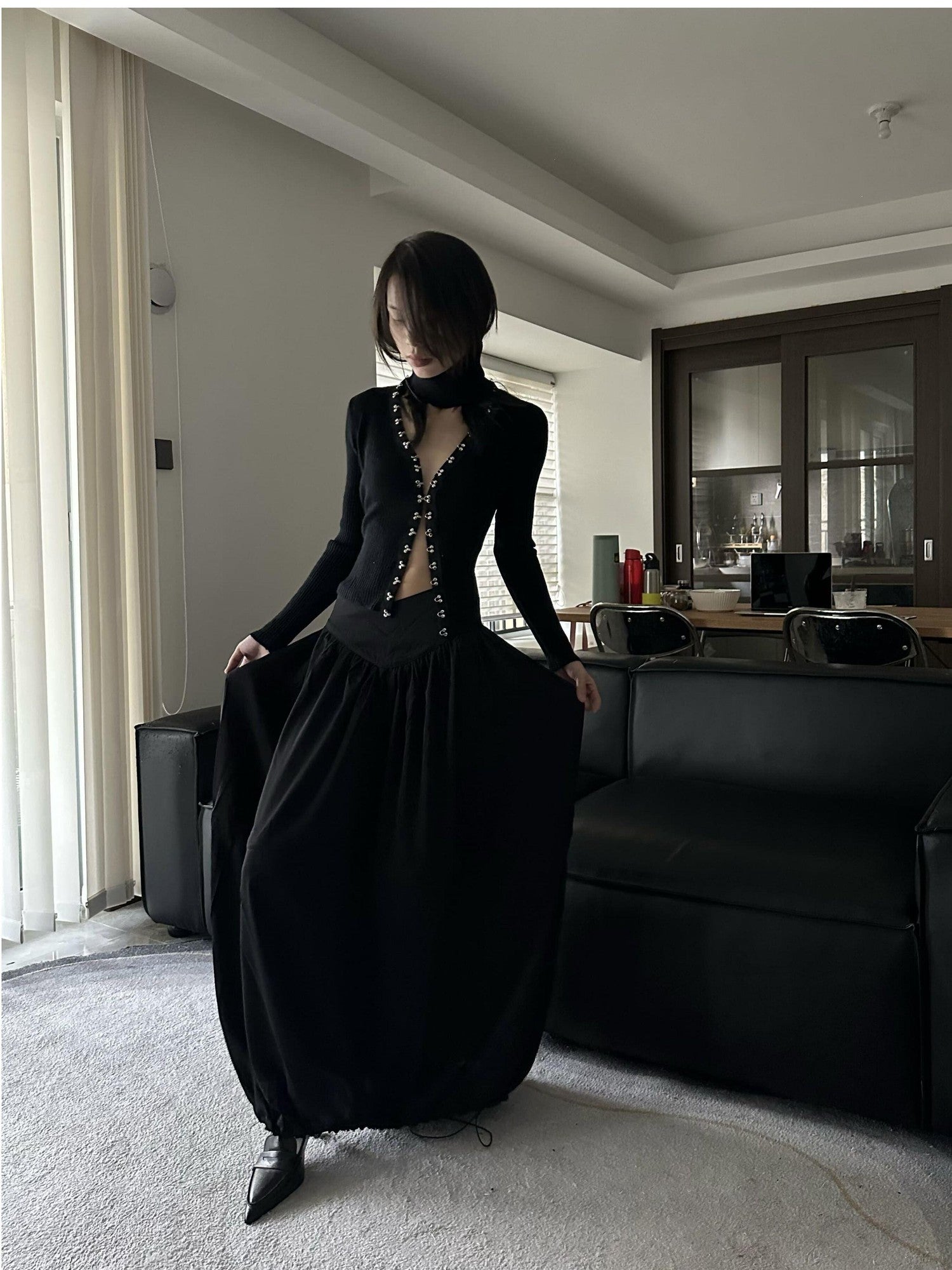 ANTIMOON Black Greek Drape Pleated Flared Women's Polyester Maxi Skirts