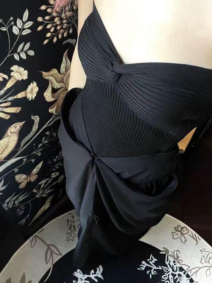 ANTIMOON Black Greek Drape Pleated Flared Women's Polyester Maxi Skirts