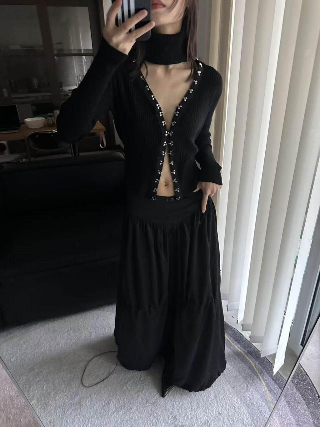 ANTIMOON Black Greek Drape Pleated Flared Women's Polyester Maxi Skirts