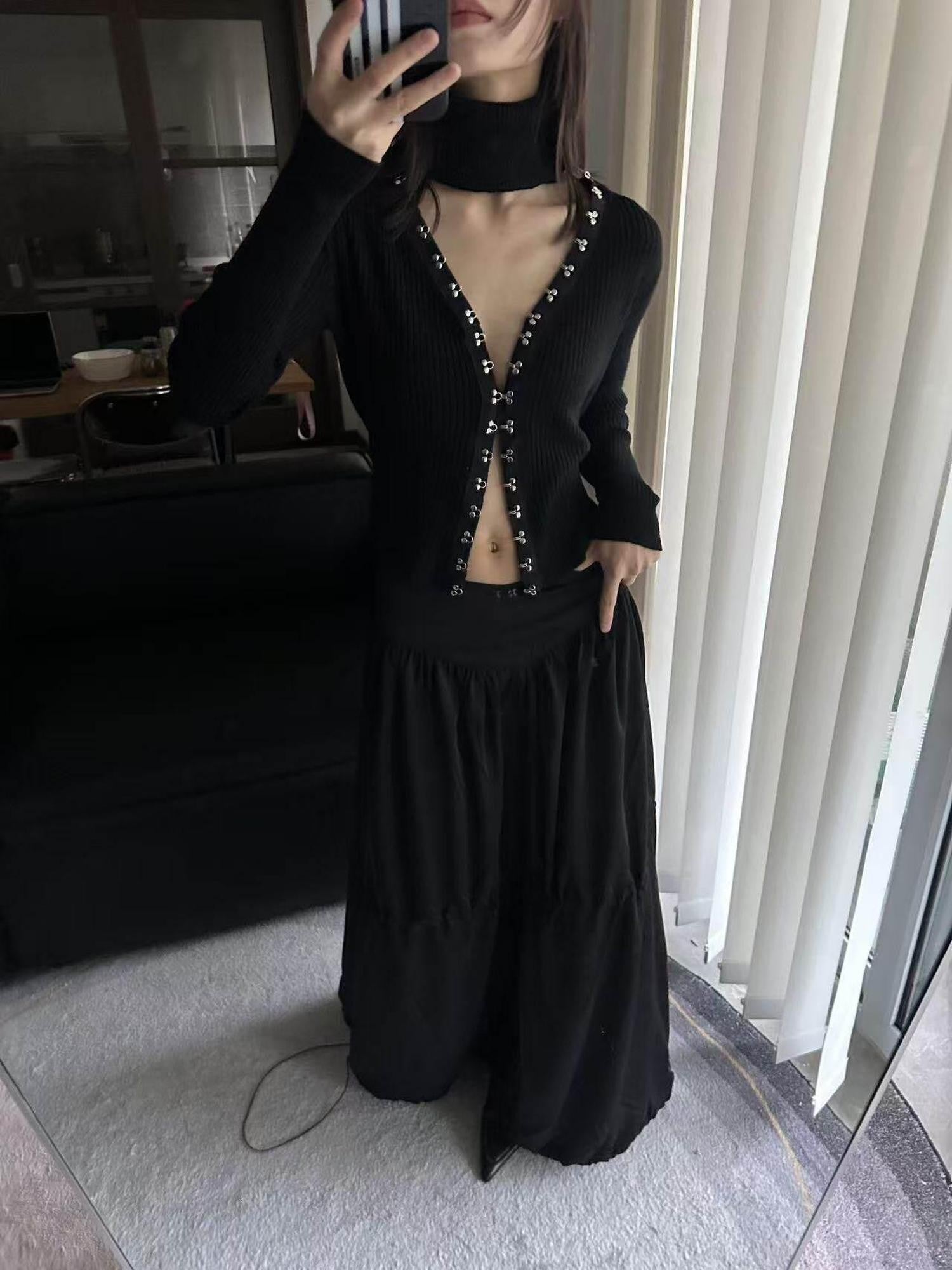 ANTIMOON Black Greek Drape Pleated Flared Women's Polyester Maxi Skirts