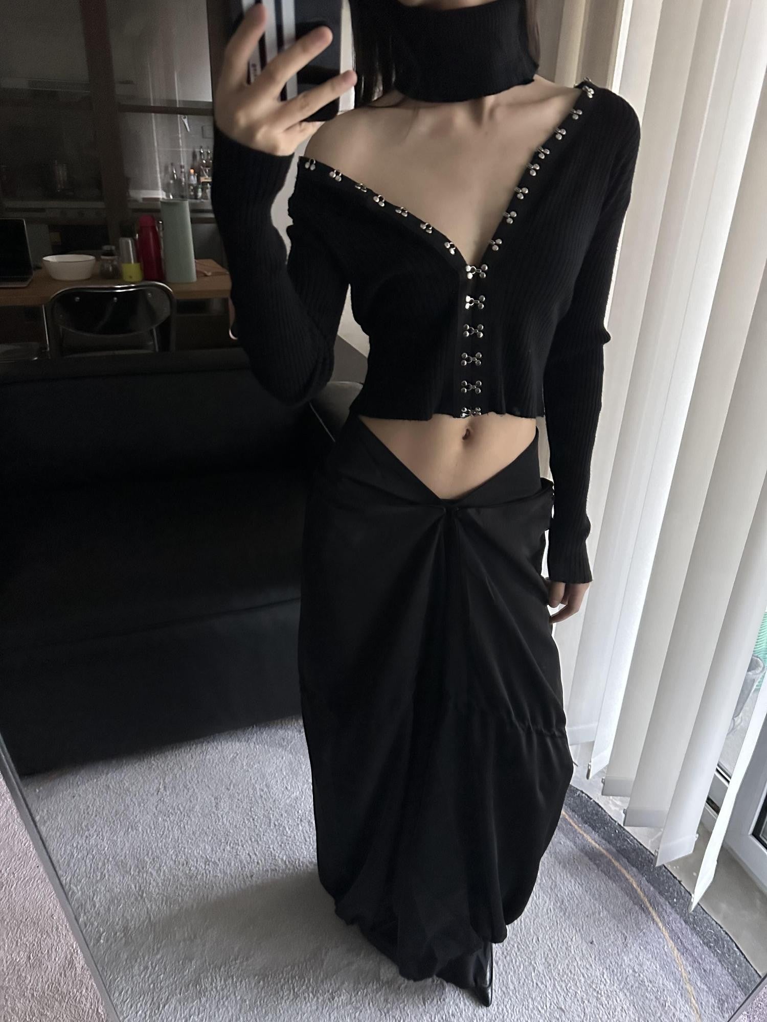 ANTIMOON Black Greek Drape Pleated Flared Women's Polyester Maxi Skirts