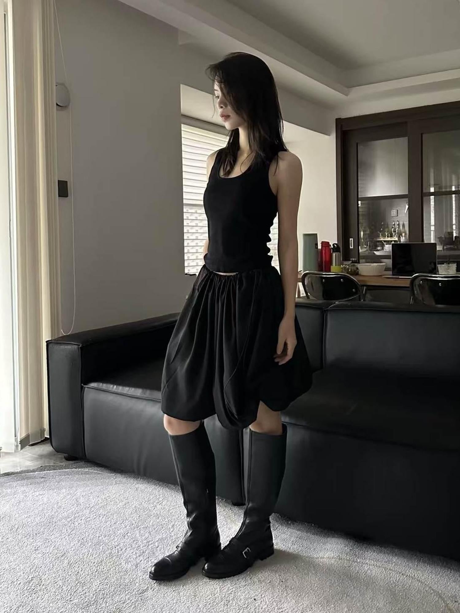 ANTIMOON Black Greek Drape Pleated Flared Women's Polyester Maxi Skirts