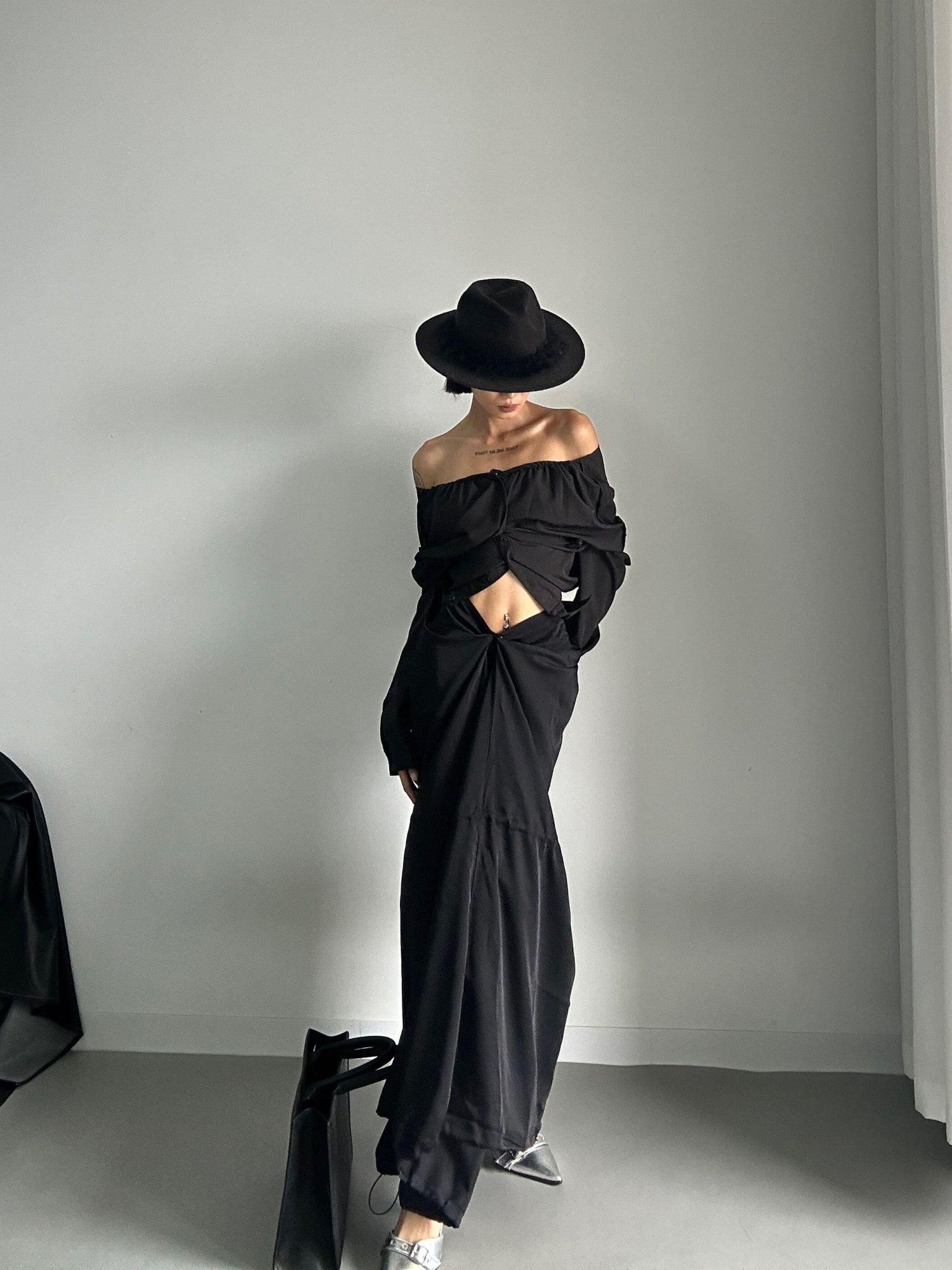 ANTIMOON Black Greek Drape Pleated Flared Women's Polyester Maxi Skirts