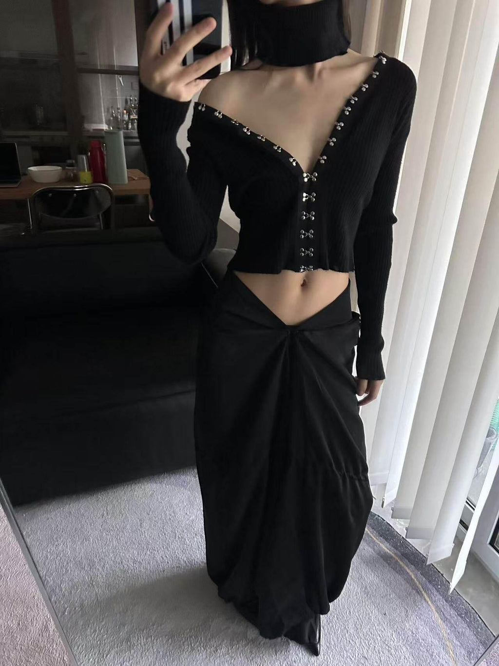 ANTIMOON Black Greek Drape Pleated Flared Women's Polyester Maxi Skirts