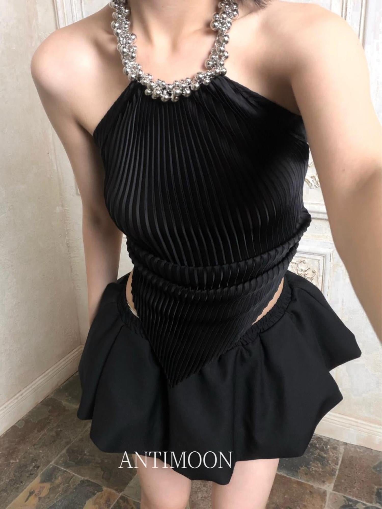 ANTIMOON Black Pleated Silver Bead Chain Ribbon Women's Polyester Halter Tops