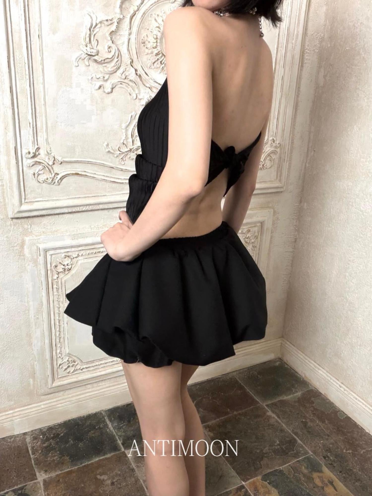 ANTIMOON Black Pleated Silver Bead Chain Ribbon Women's Polyester Halter Tops