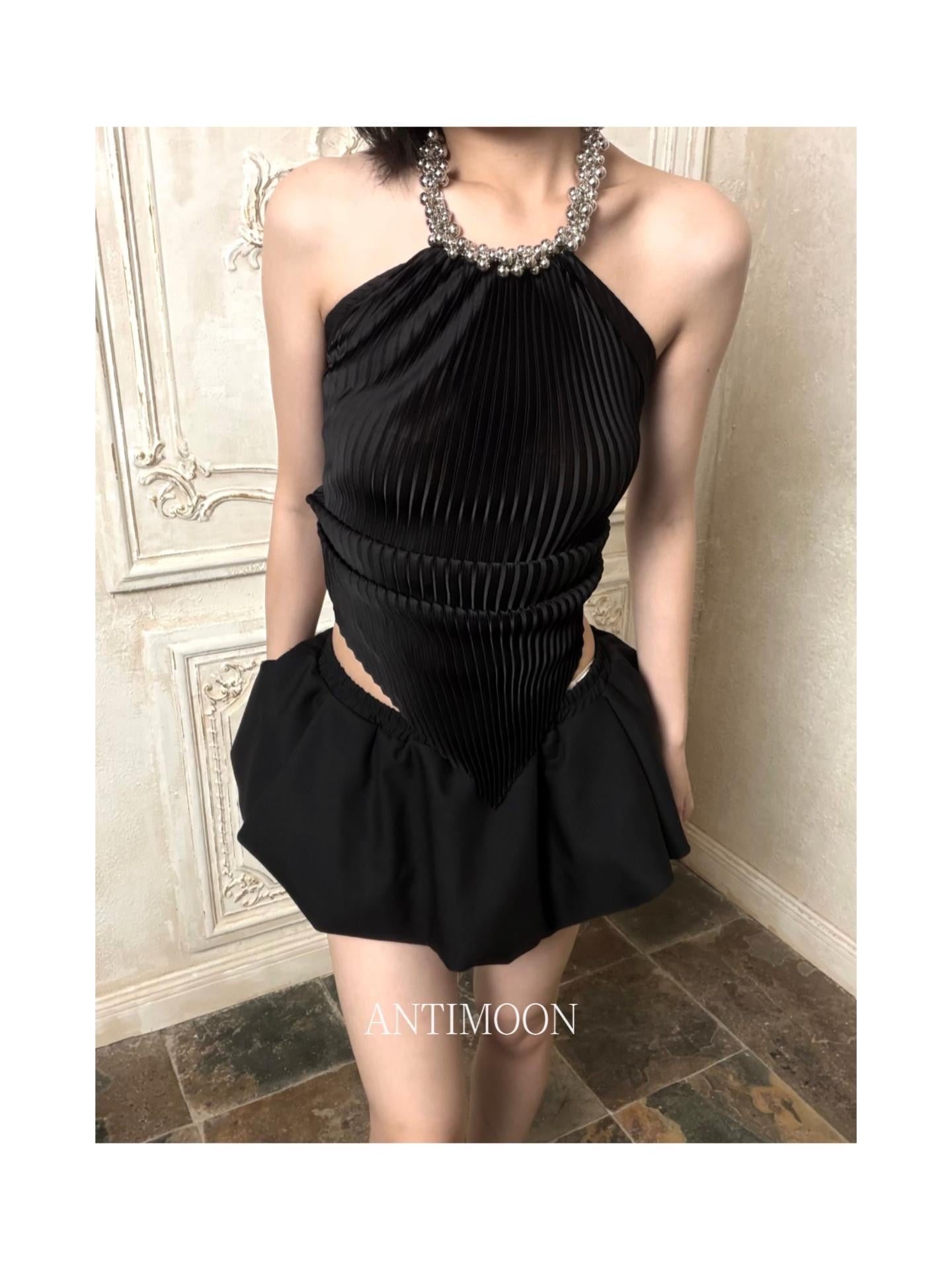 ANTIMOON Black Pleated Silver Bead Chain Ribbon Women's Polyester Halter Tops