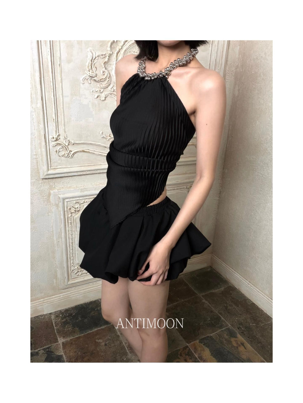 ANTIMOON Black Pleated Silver Bead Chain Ribbon Women's Polyester Halter Tops