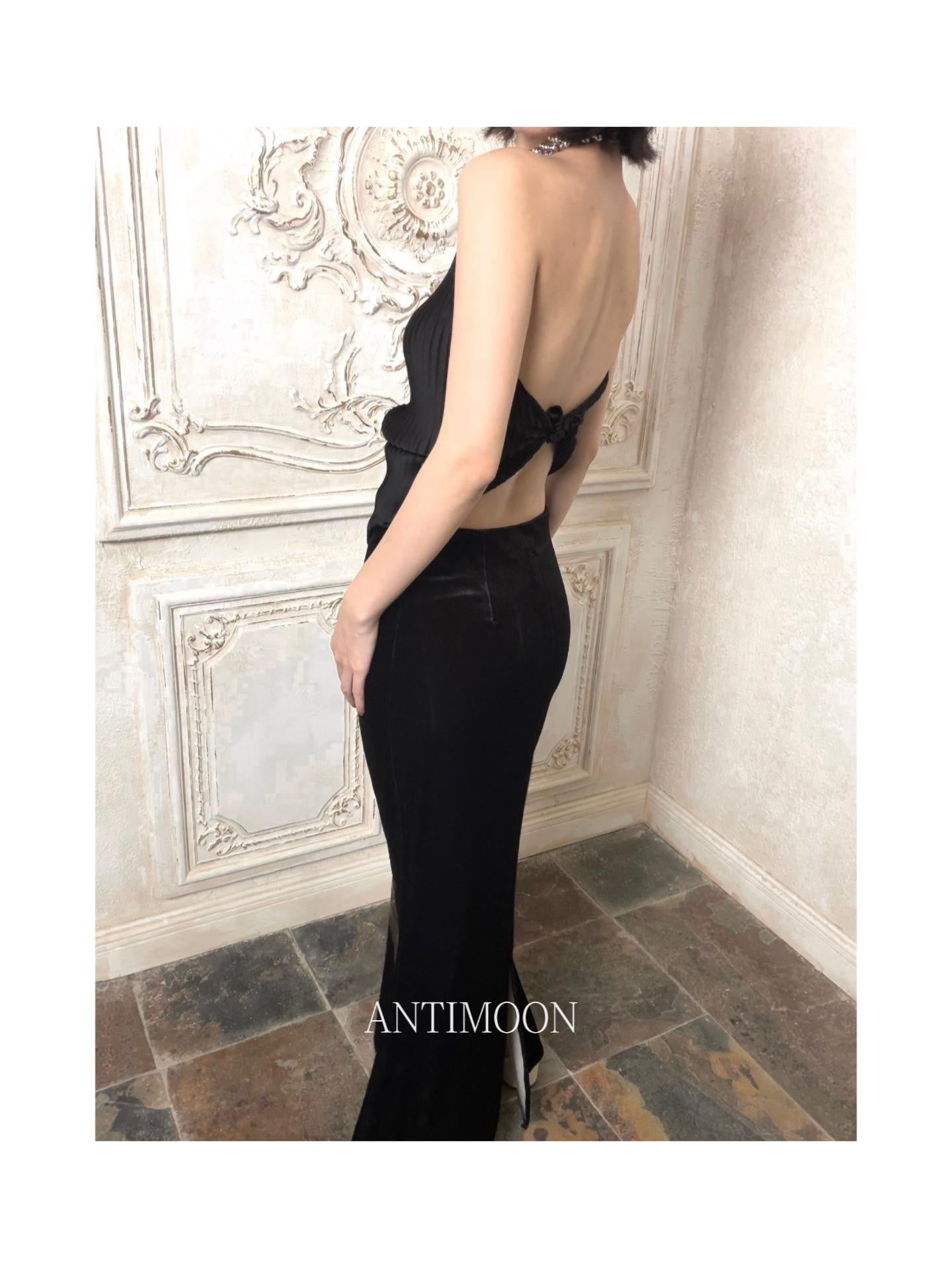 ANTIMOON Black Pleated Silver Bead Chain Ribbon Women's Polyester Halter Tops