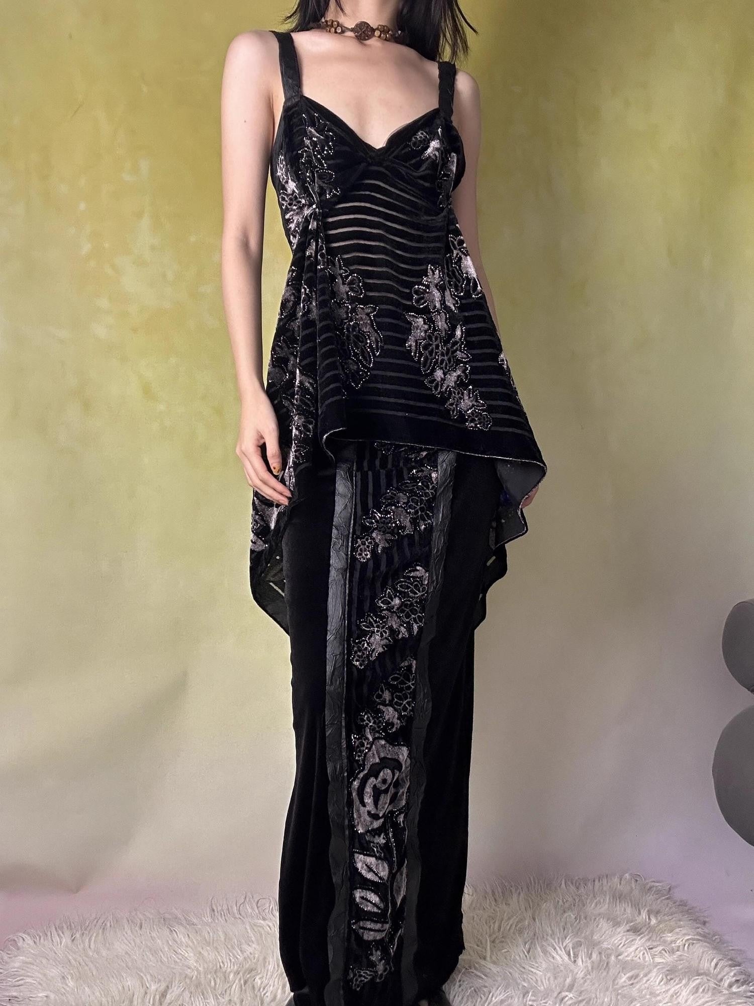 ANTIMOON Black Velvet Silver Foil Cutout Backless Women's Polyester Slip Maxi Dresses