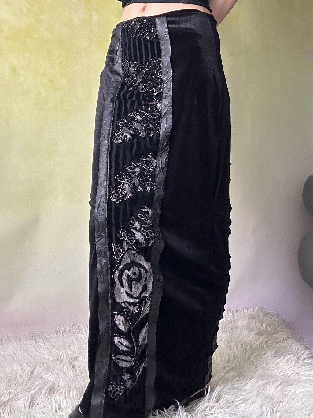 ANTIMOON Black Velvet Silver Foil Cutout Backless Women's Polyester Slip Maxi Dresses