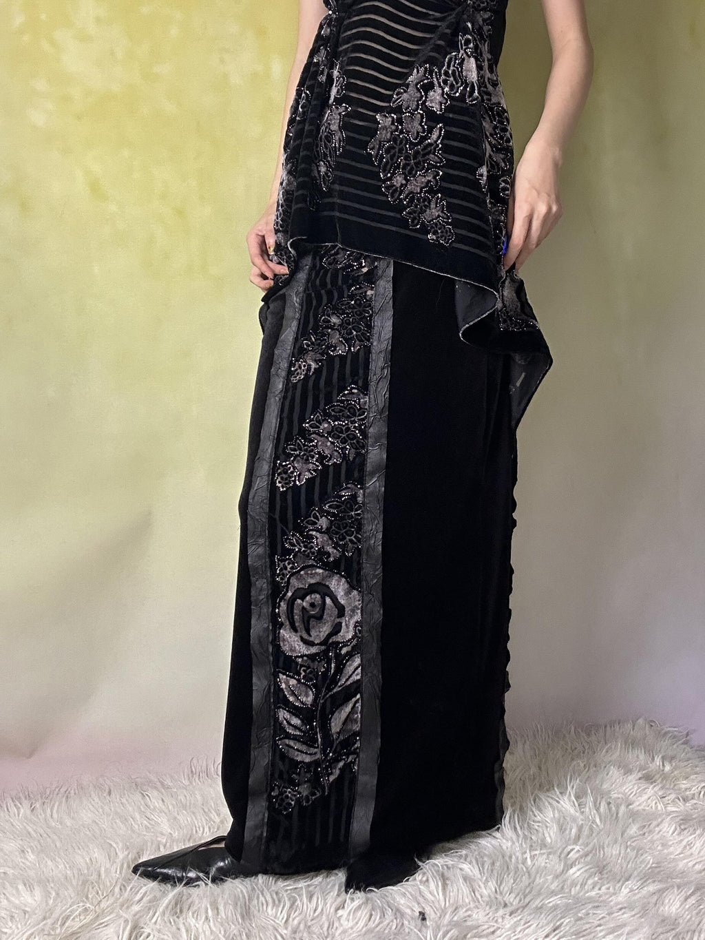 ANTIMOON Black Velvet Silver Foil Cutout Backless Women's Polyester Slip Maxi Dresses