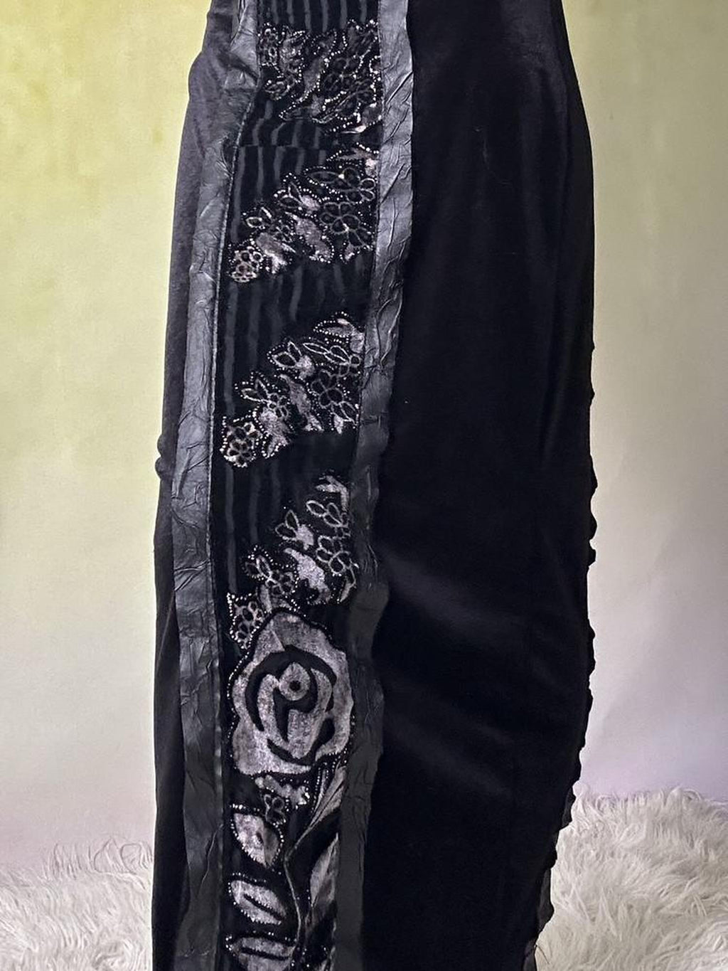 ANTIMOON Black Velvet Silver Foil Cutout Backless Women's Polyester Slip Maxi Dresses