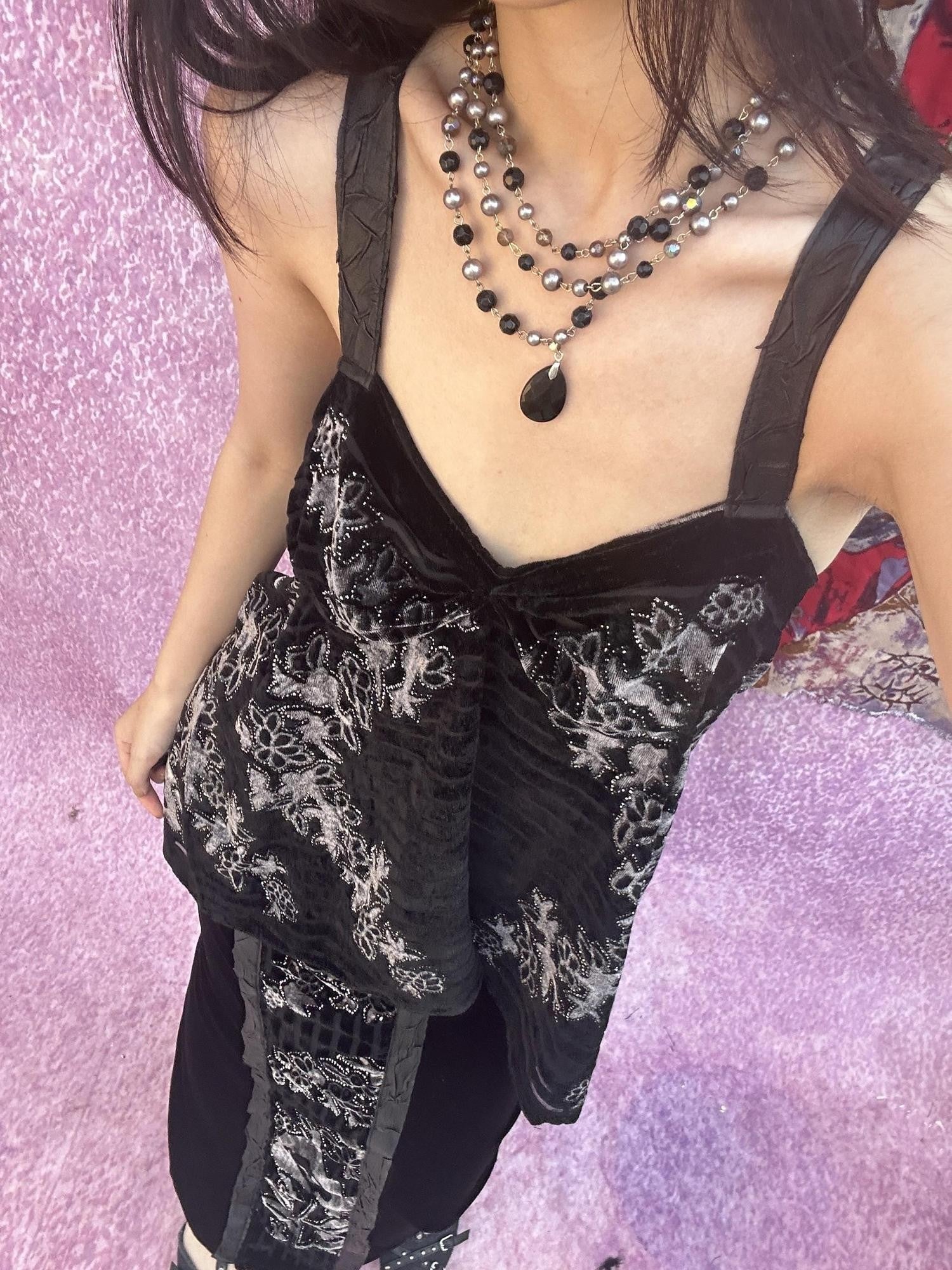 ANTIMOON Black Velvet Silver Foil Cutout Backless Women's Polyester Slip Maxi Dresses