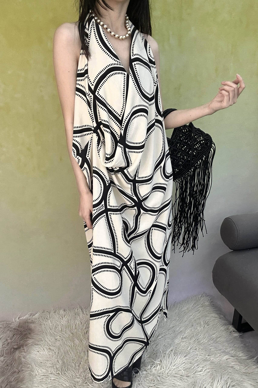 ANTIMOON_Black_White_Line_Print_Strappy_V-neck_Women's_Polyester_Boho_Maxi_Dresses_914826754669_MISSTT