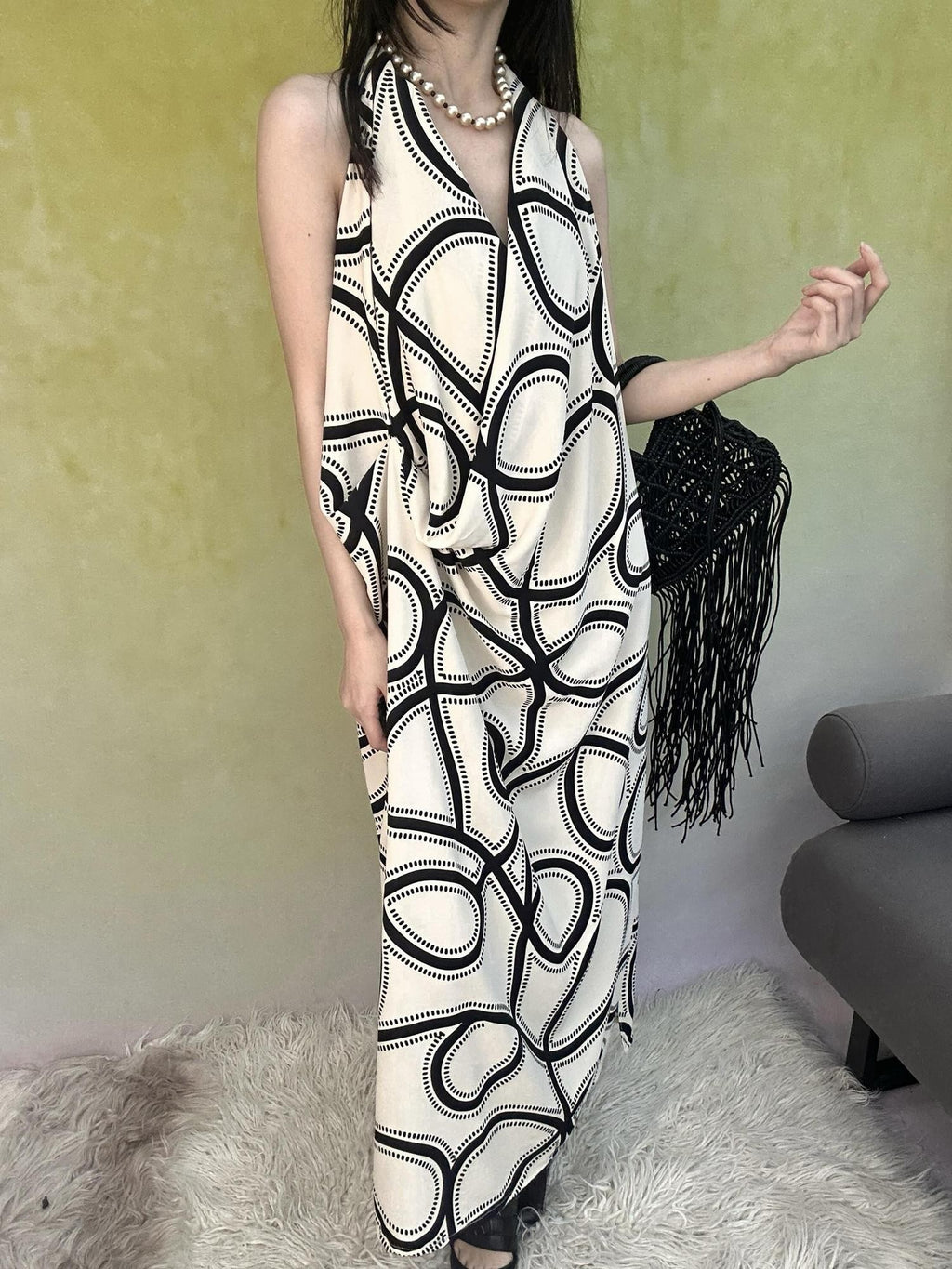 ANTIMOON Black White Line Print Strappy V-neck Women's Polyester Boho Maxi Dresses