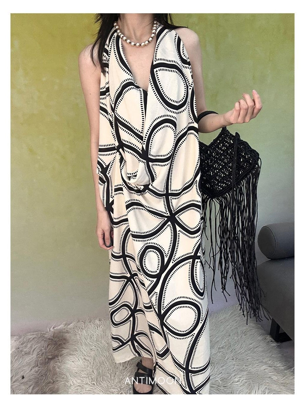 ANTIMOON Black White Line Print Strappy V-neck Women's Polyester Boho Maxi Dresses