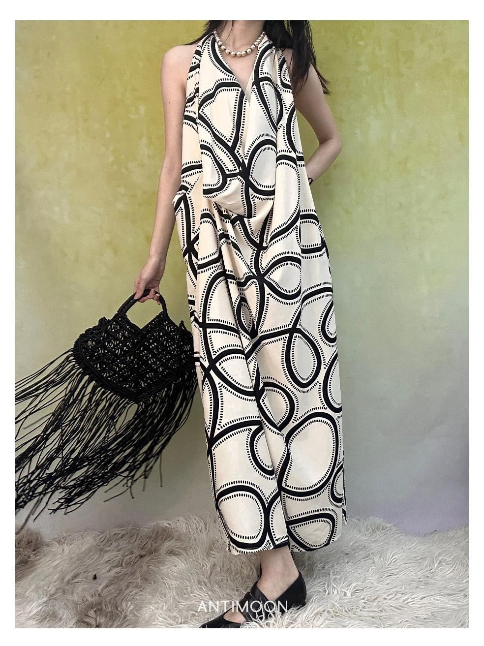 ANTIMOON Black White Line Print Strappy V-neck Women's Polyester Boho Maxi Dresses