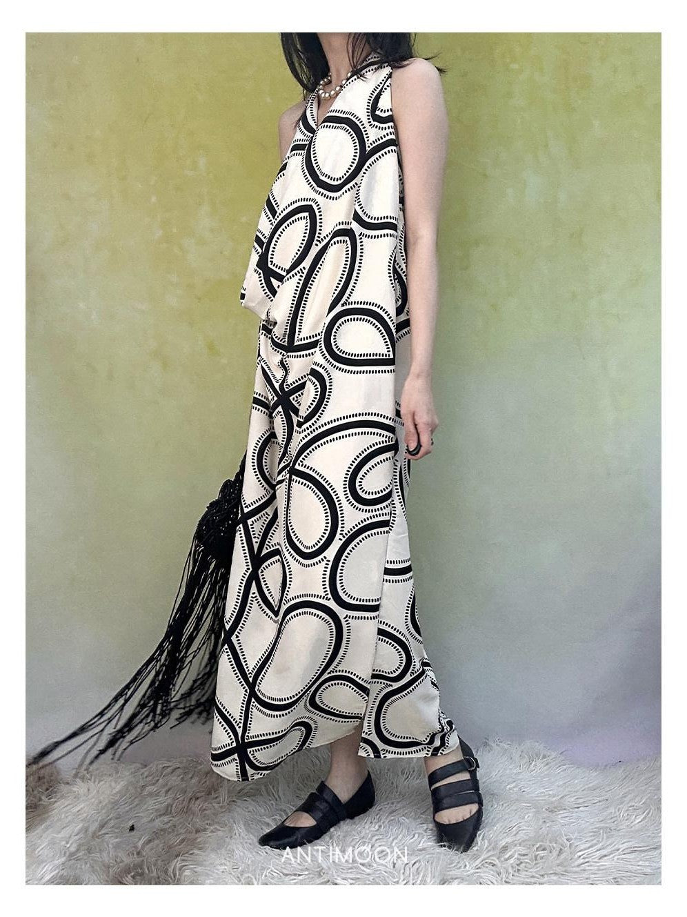 ANTIMOON Black White Line Print Strappy V-neck Women's Polyester Boho Maxi Dresses