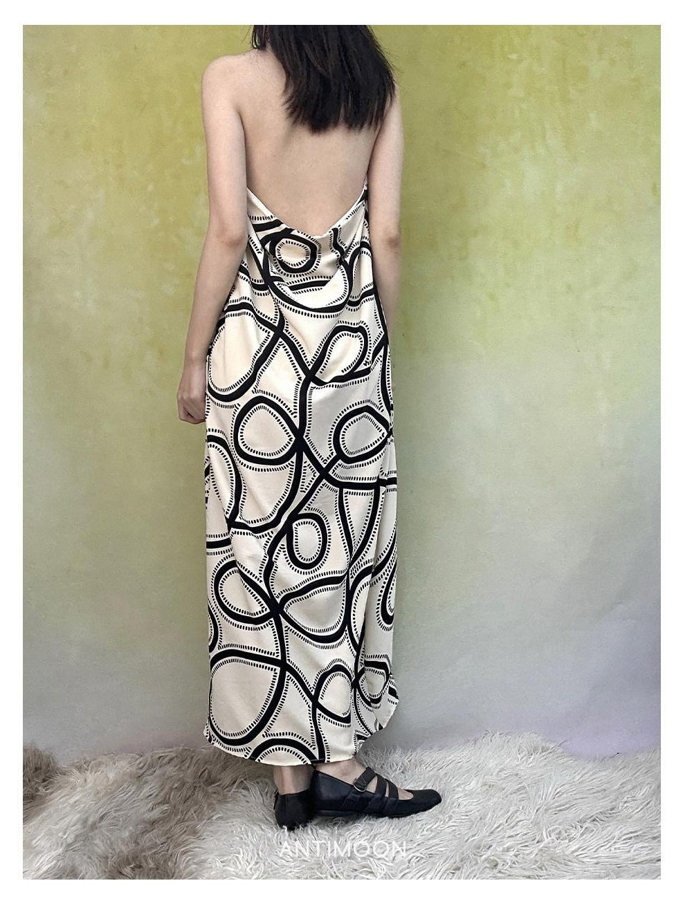 ANTIMOON Black White Line Print Strappy V-neck Women's Polyester Boho Maxi Dresses