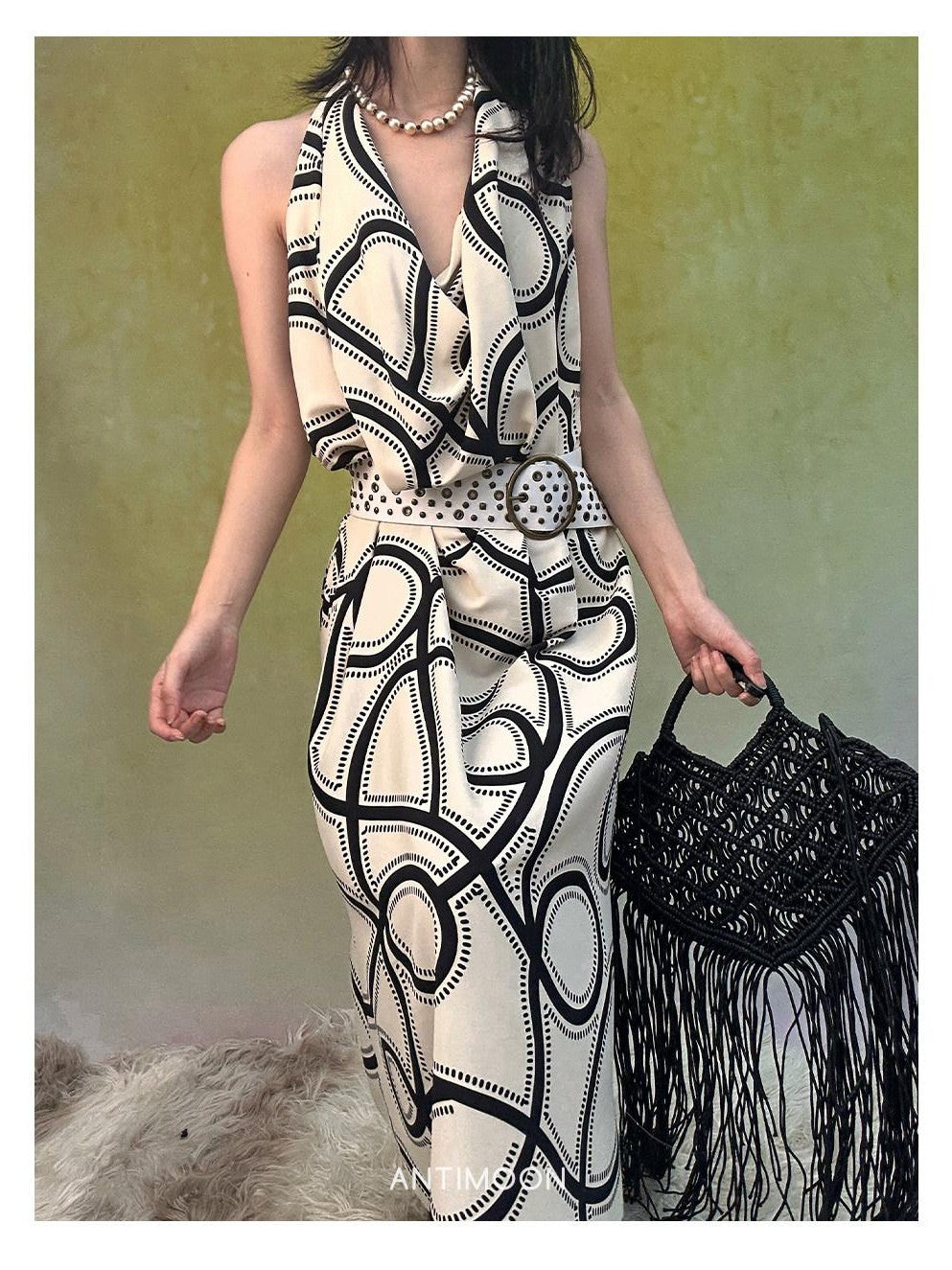 ANTIMOON Black White Line Print Strappy V-neck Women's Polyester Boho Maxi Dresses