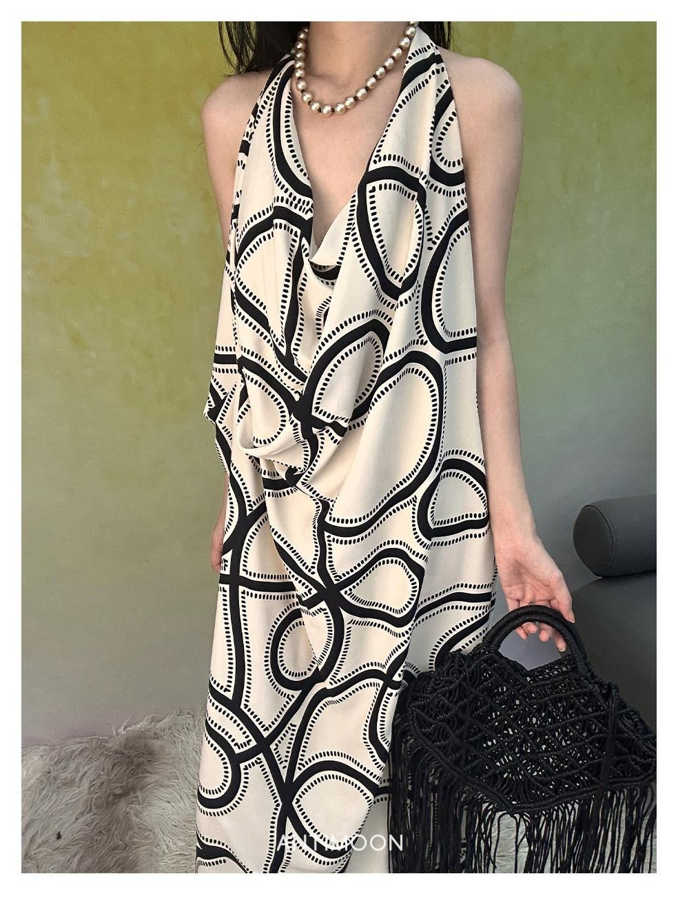 ANTIMOON Black White Line Print Strappy V-neck Women's Polyester Boho Maxi Dresses