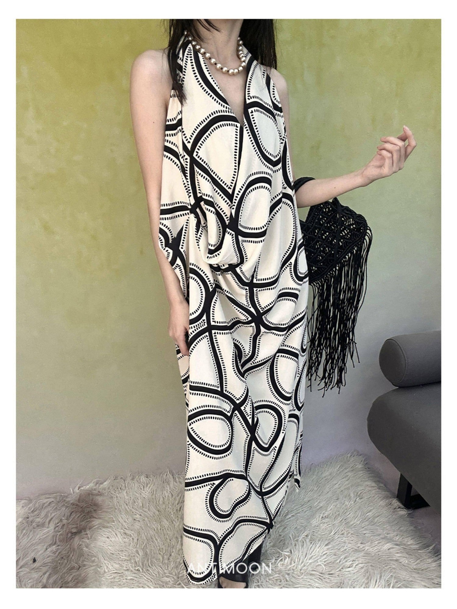 ANTIMOON Black White Line Print Strappy V-neck Women's Polyester Boho Maxi Dresses