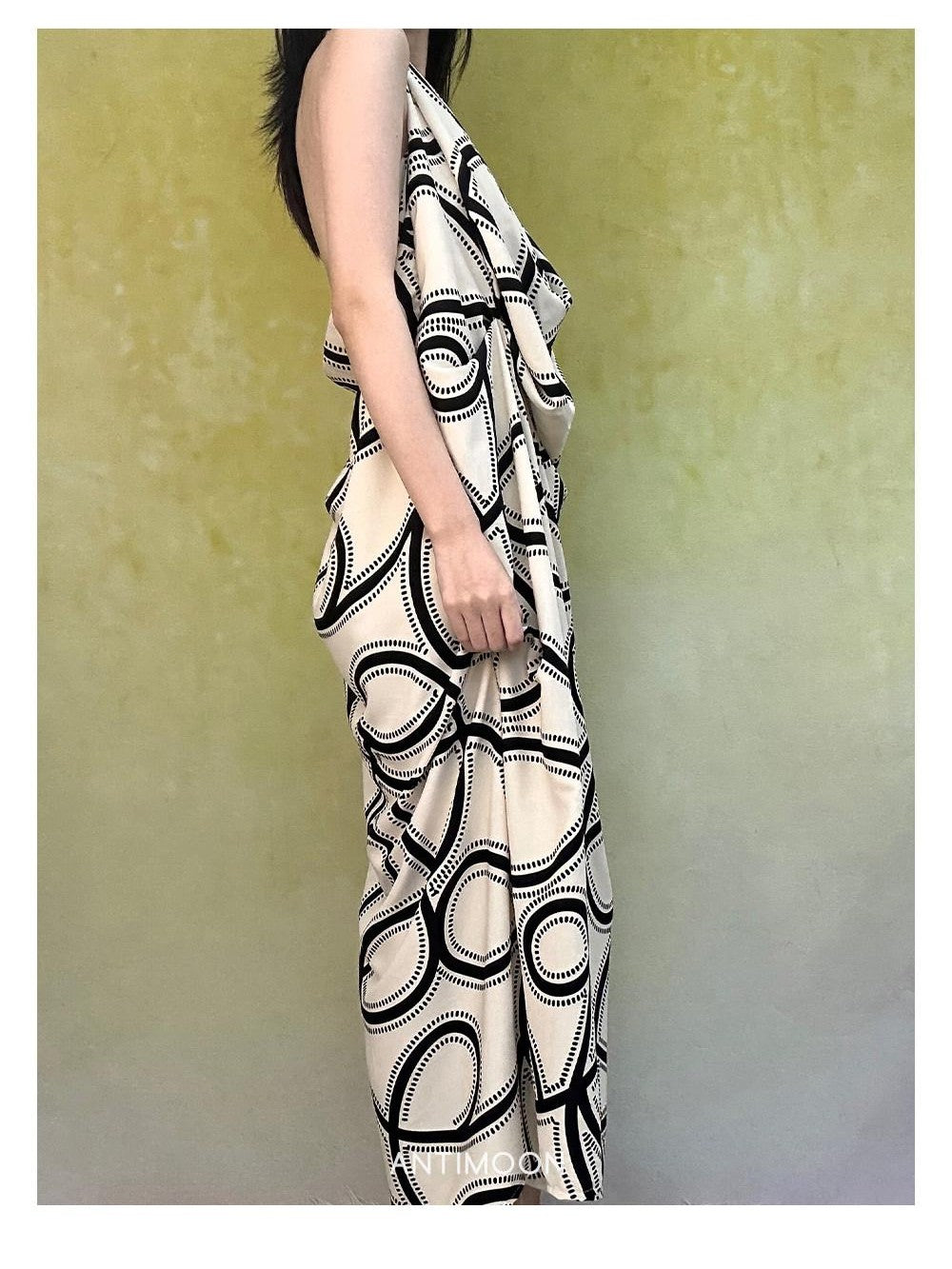 ANTIMOON Black White Line Print Strappy V-neck Women's Polyester Boho Maxi Dresses