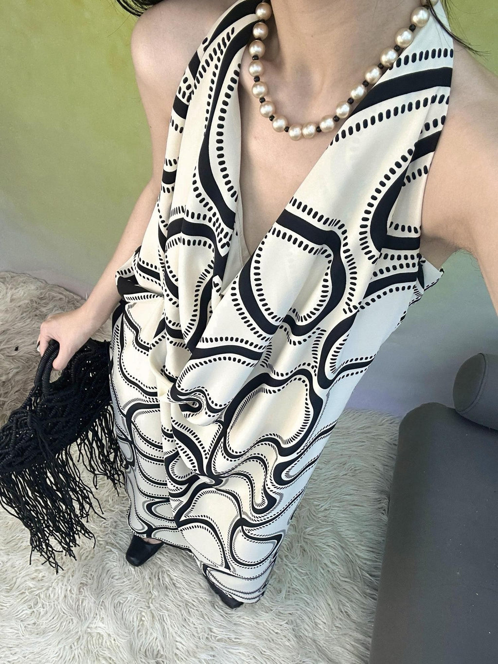 ANTIMOON Black White Line Print Strappy V-neck Women's Polyester Boho Maxi Dresses