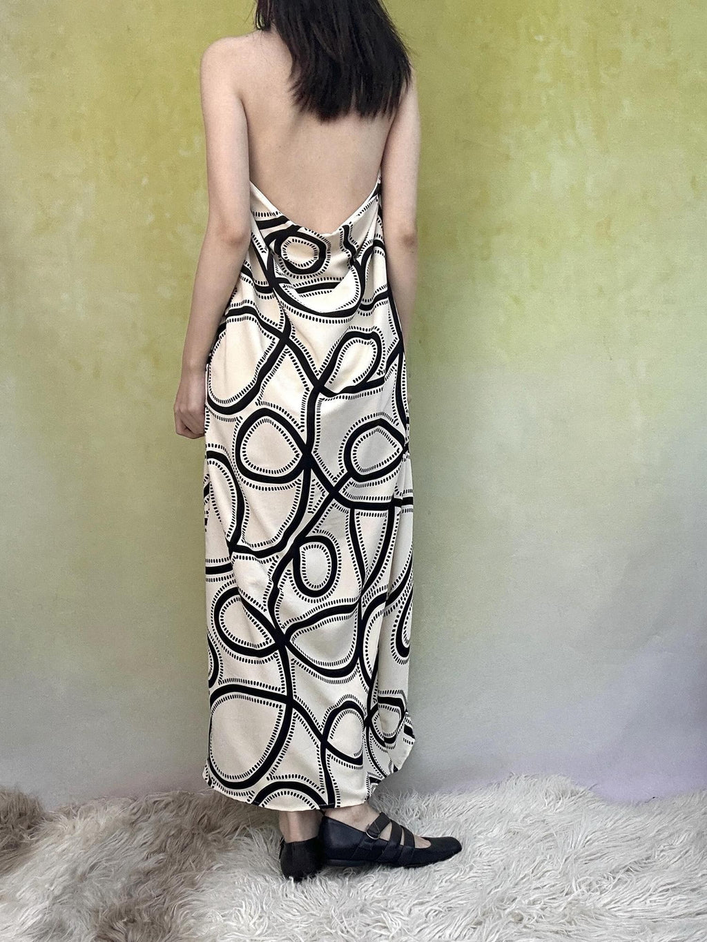 ANTIMOON Black White Line Print Strappy V-neck Women's Polyester Boho Maxi Dresses