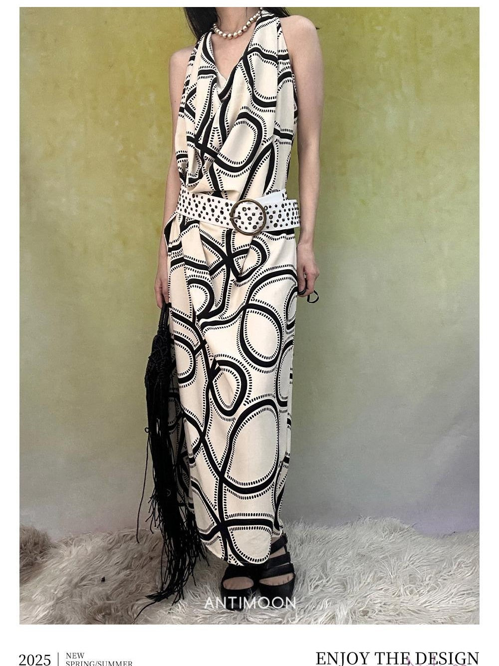ANTIMOON Black White Line Print Strappy V-neck Women's Polyester Boho Maxi Dresses