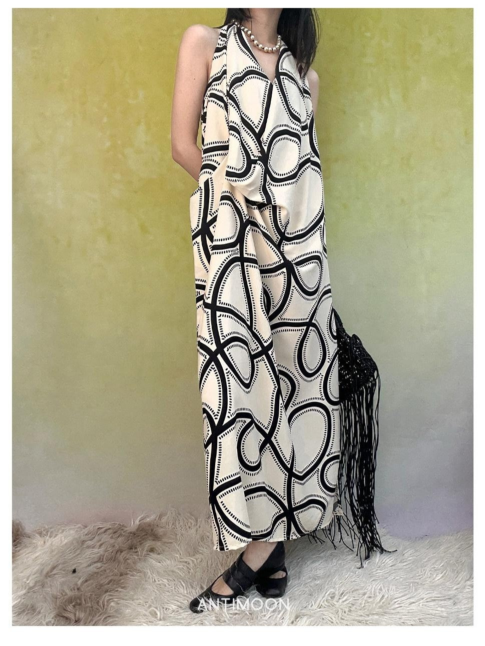 ANTIMOON Black White Line Print Strappy V-neck Women's Polyester Boho Maxi Dresses