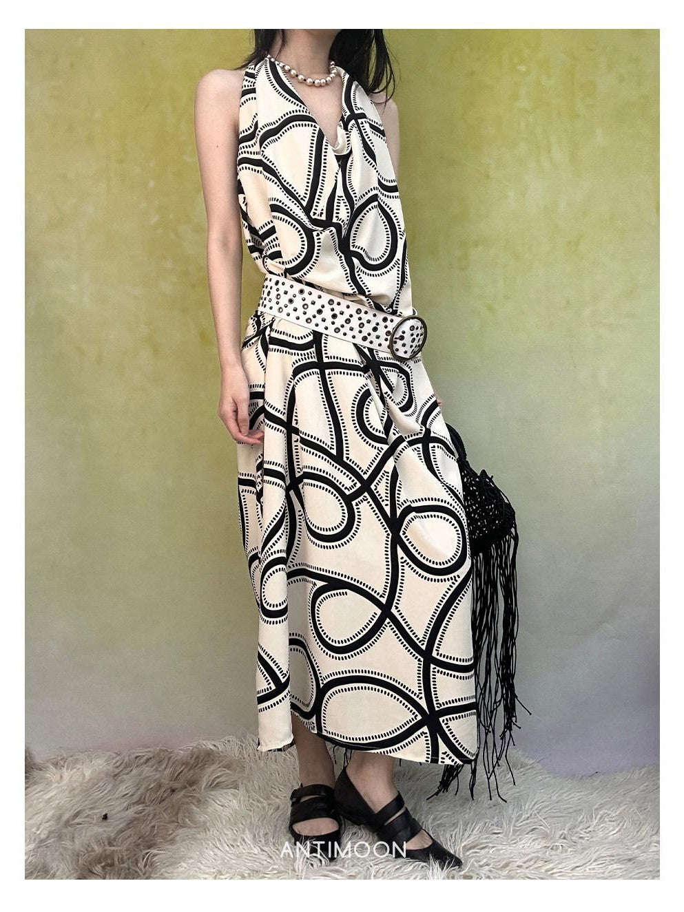 ANTIMOON Black White Line Print Strappy V-neck Women's Polyester Boho Maxi Dresses