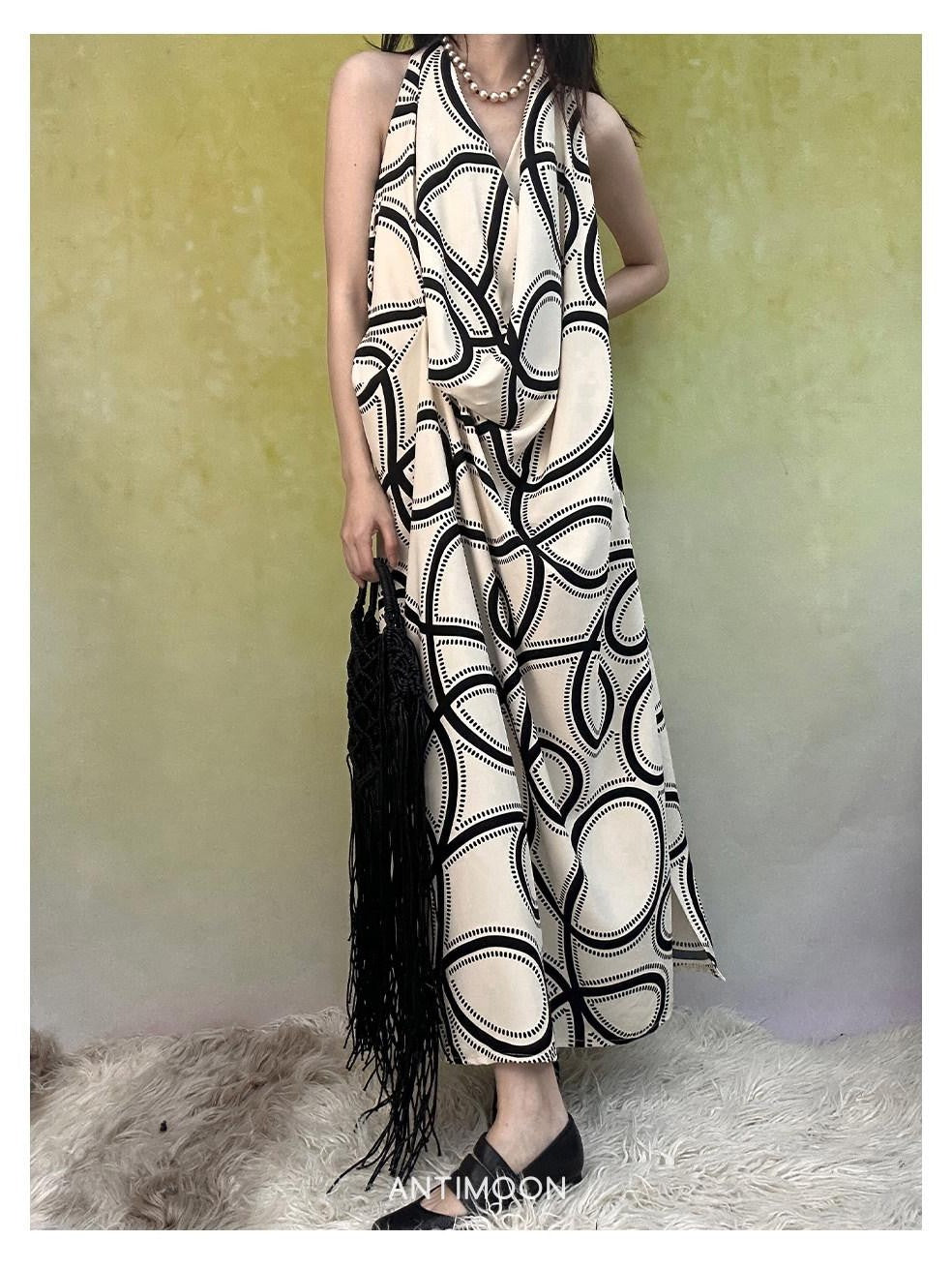 ANTIMOON Black White Line Print Strappy V-neck Women's Polyester Boho Maxi Dresses