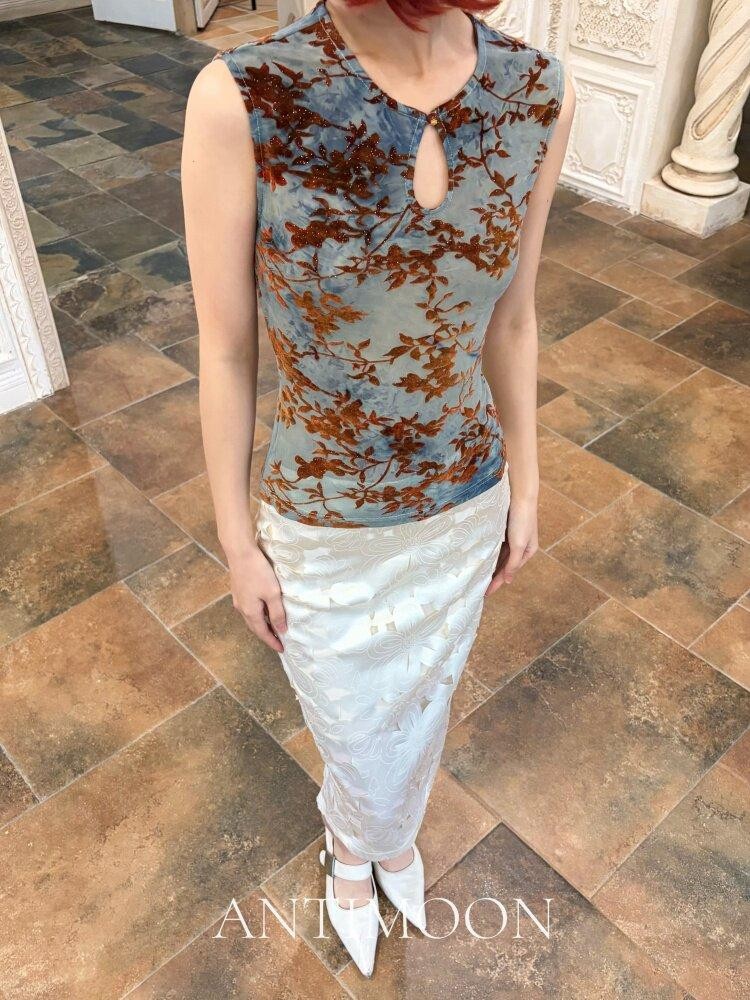 ANTIMOON Blue Glaze Red Branch Tie Dye Stand Collar Slim Women's Polyester Tank Tops