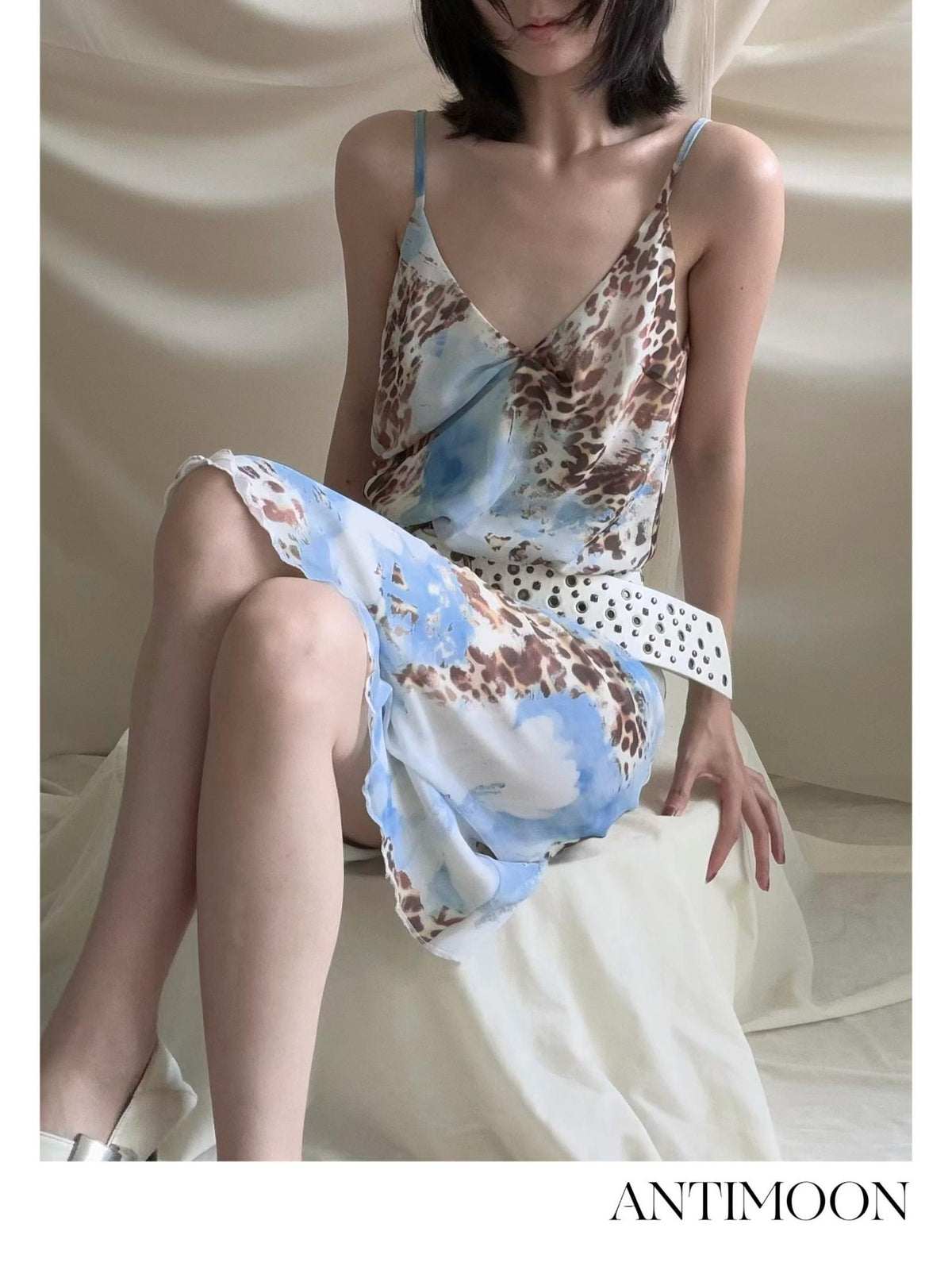 ANTIMOON Blue Gradient Leopard Print Asymmetric Cut Cami Top And Women's Matching Skirt Sets
