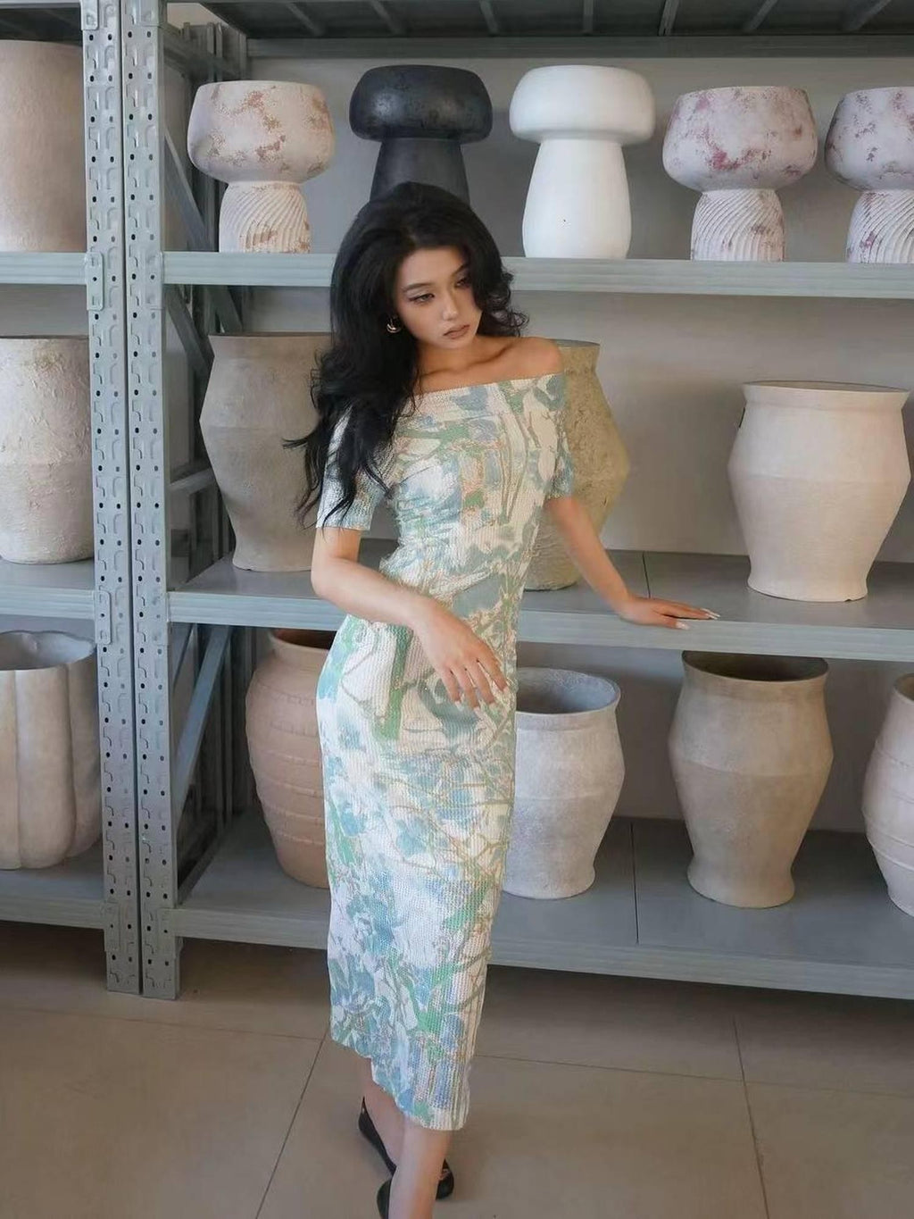 ANTIMOON Blue Green Floral Lace Off Shoulder Women's Mesh Polyester Bodycon Maxi Dresses