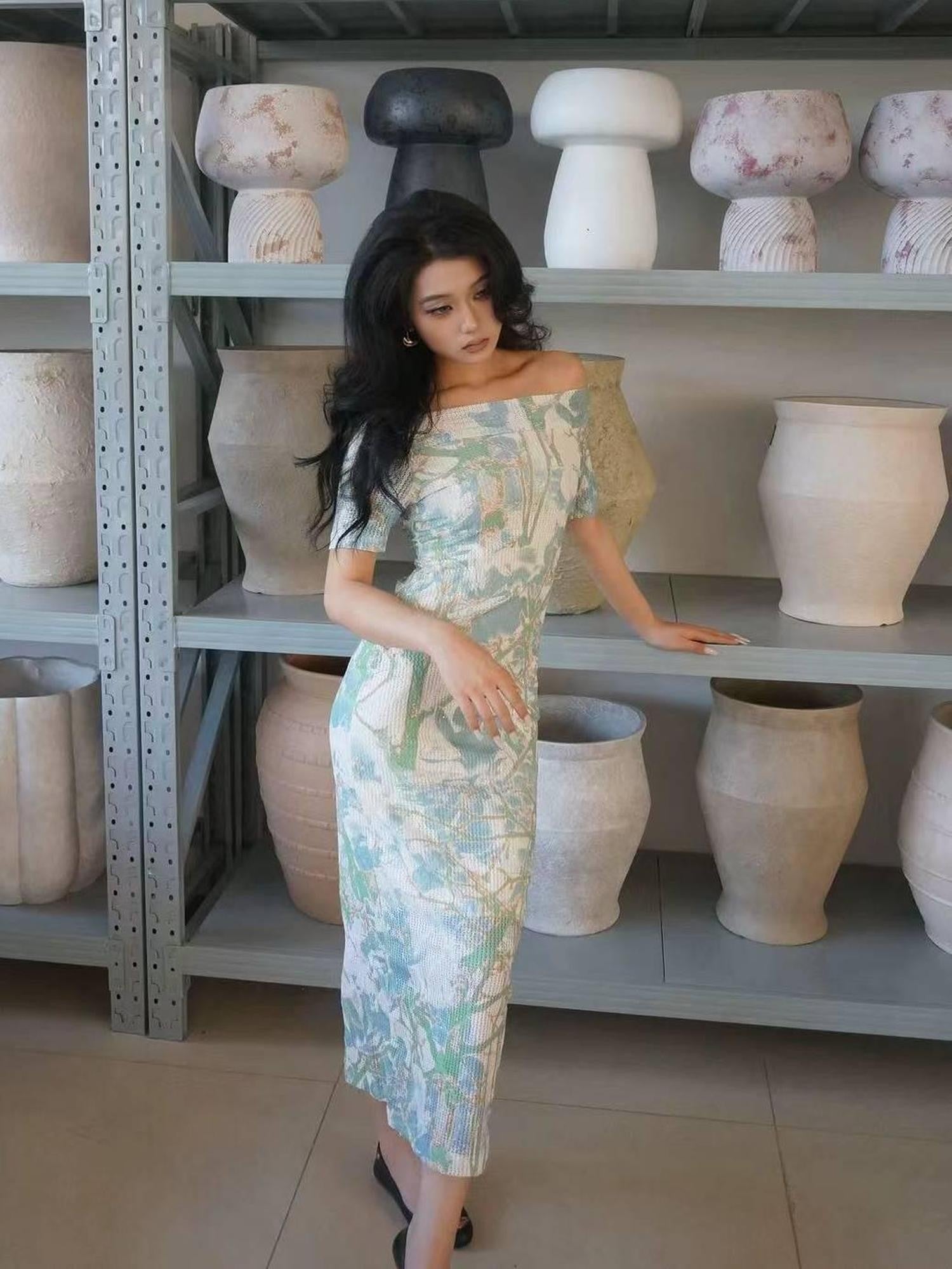 ANTIMOON Blue Green Floral Lace Off Shoulder Women's Mesh Polyester Bodycon Maxi Dresses