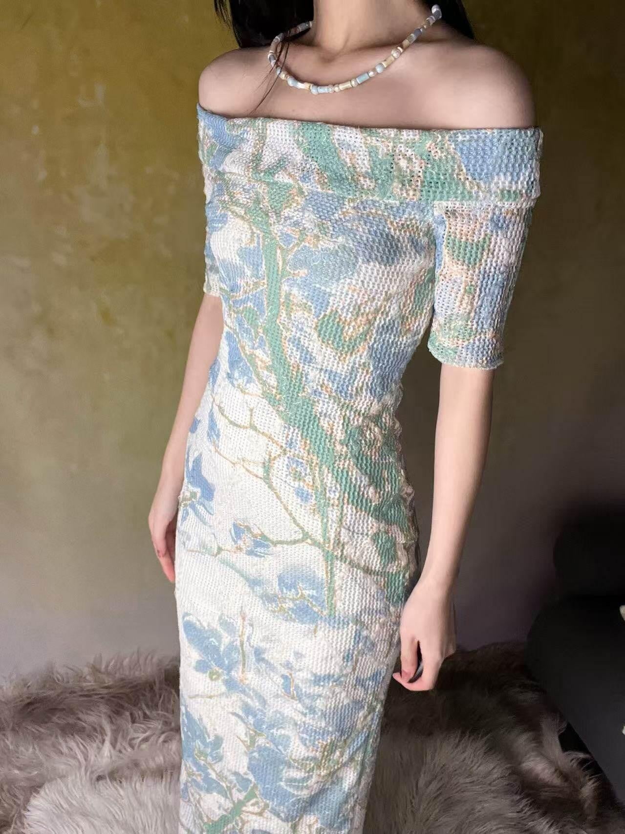 ANTIMOON Blue Green Floral Lace Off Shoulder Women's Mesh Polyester Bodycon Maxi Dresses