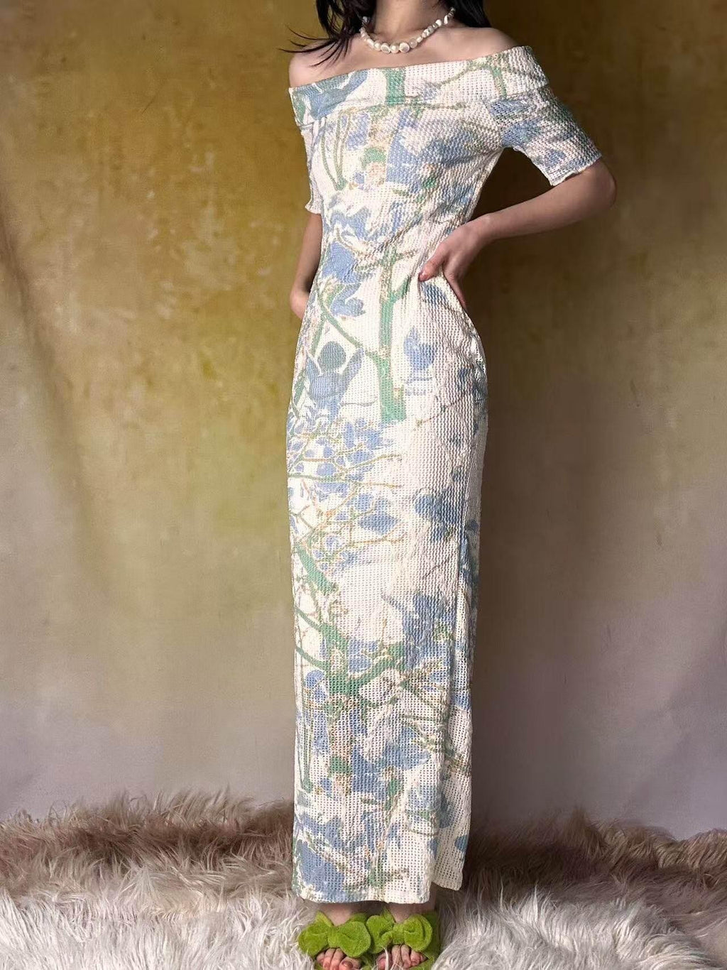 ANTIMOON Blue Green Floral Lace Off Shoulder Women's Mesh Polyester Bodycon Maxi Dresses