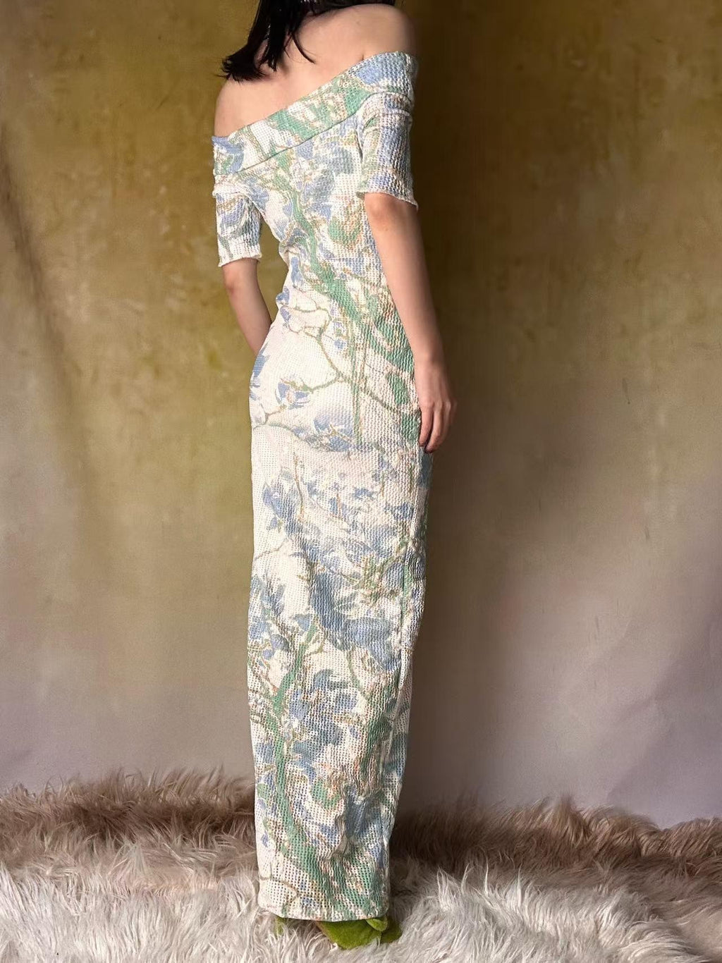 ANTIMOON Blue Green Floral Lace Off Shoulder Women's Mesh Polyester Bodycon Maxi Dresses