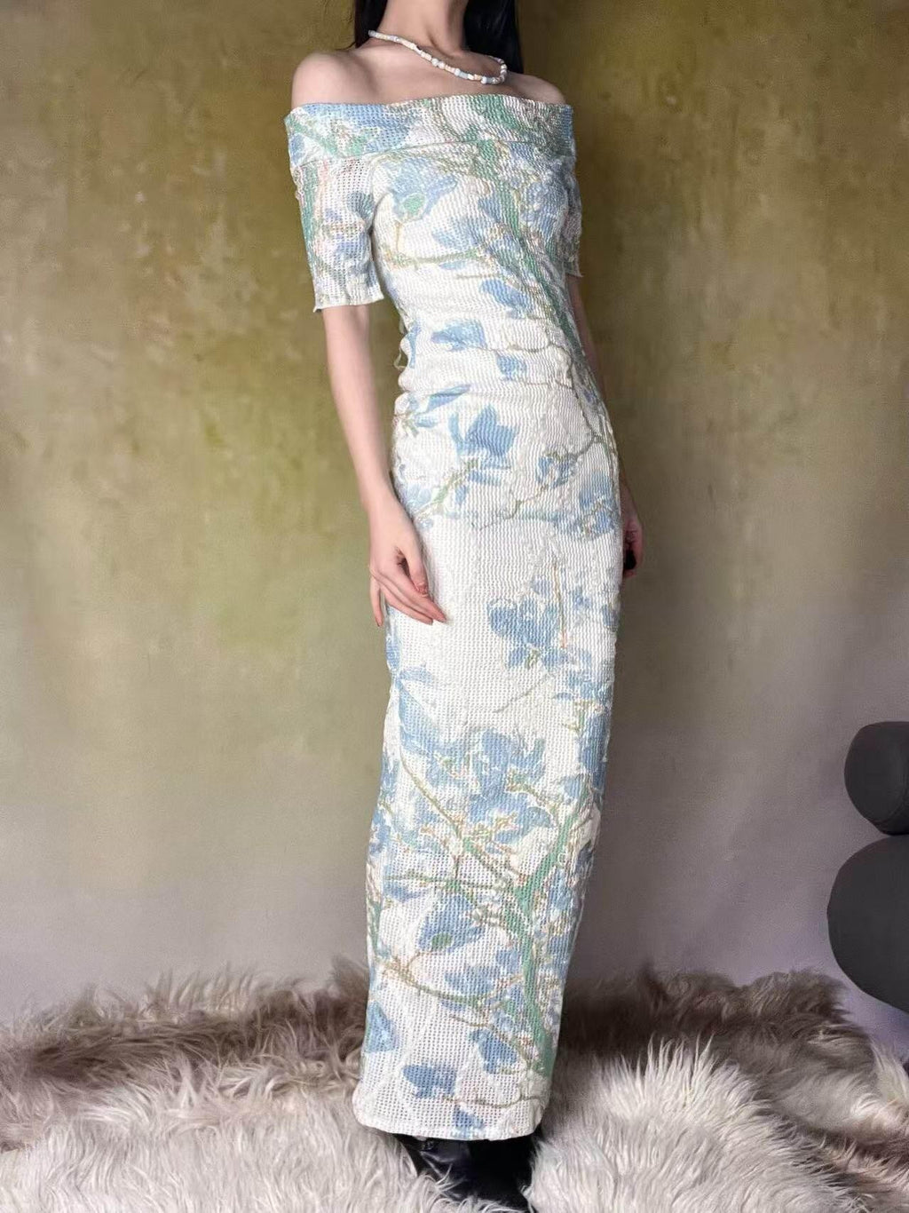 ANTIMOON Blue Green Floral Lace Off Shoulder Women's Mesh Polyester Bodycon Maxi Dresses