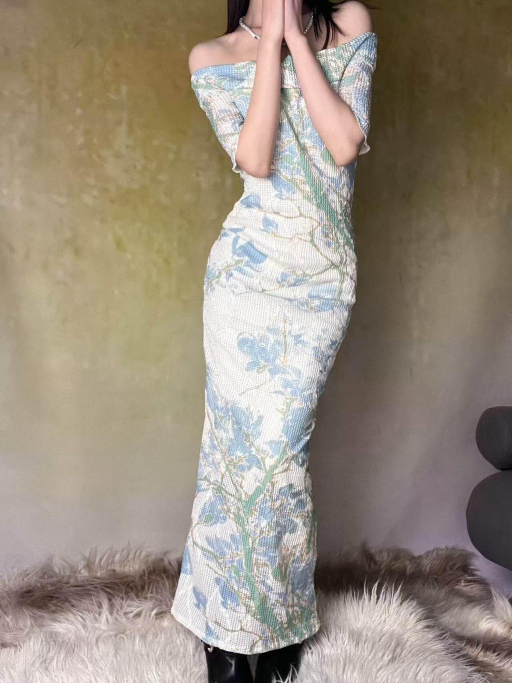 ANTIMOON Blue Green Floral Lace Off Shoulder Women's Mesh Polyester Bodycon Maxi Dresses