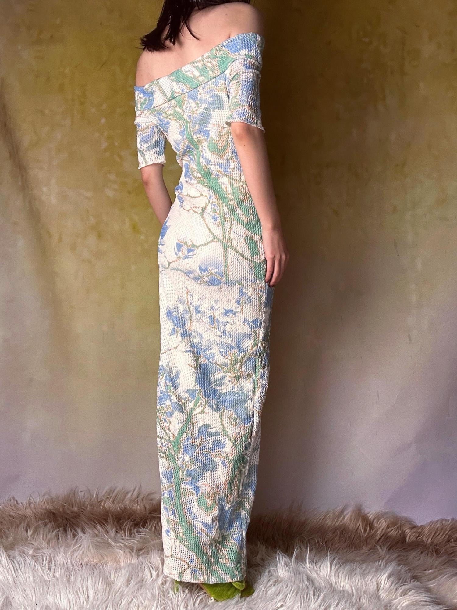 ANTIMOON Blue Green Floral Lace Off Shoulder Women's Mesh Polyester Bodycon Maxi Dresses