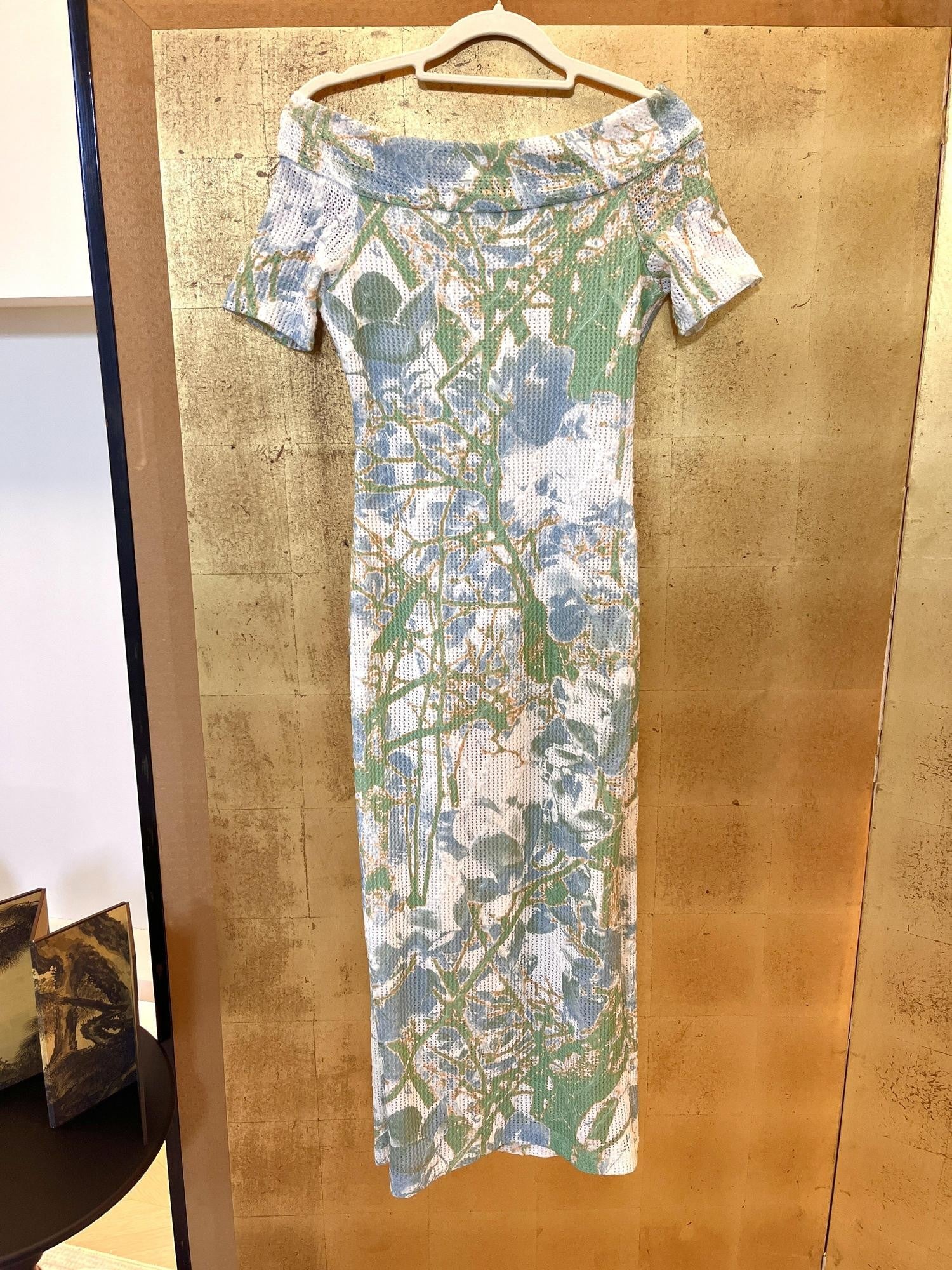 ANTIMOON Blue Green Floral Lace Off Shoulder Women's Mesh Polyester Bodycon Maxi Dresses