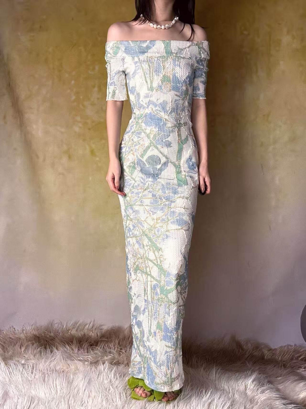 ANTIMOON Blue Green Floral Lace Off Shoulder Women's Mesh Polyester Bodycon Maxi Dresses