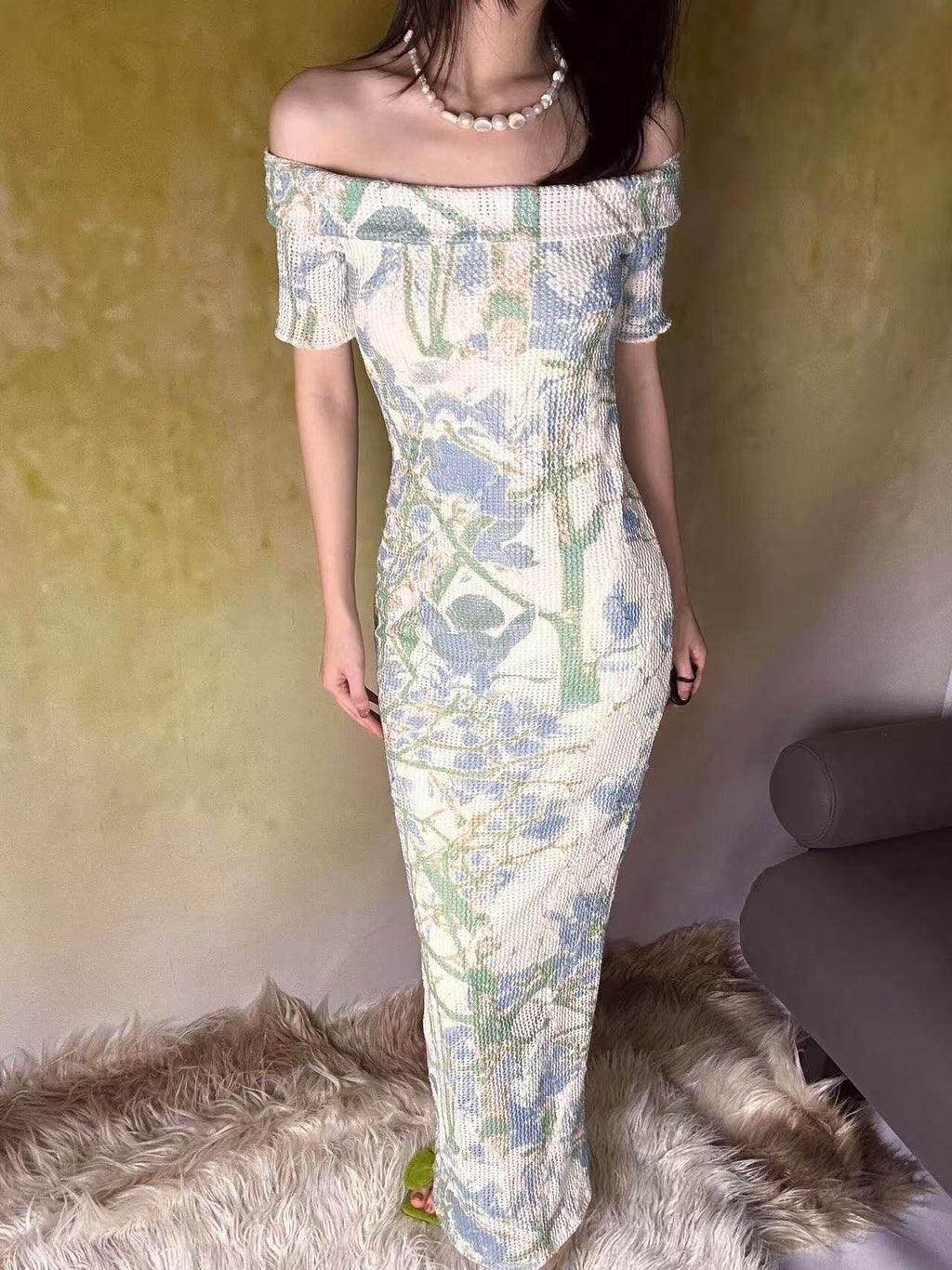 ANTIMOON Blue Green Floral Lace Off Shoulder Women's Mesh Polyester Bodycon Maxi Dresses
