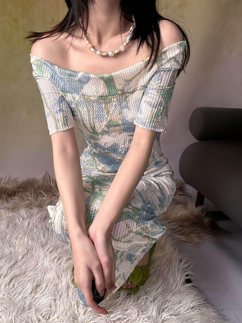 ANTIMOON Blue Green Floral Lace Off Shoulder Women's Mesh Polyester Bodycon Maxi Dresses